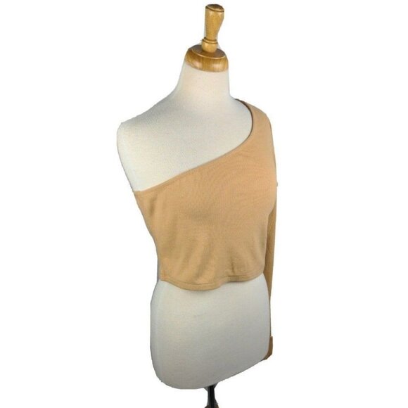 Open Edit Womens Crop Top One Shoulder Tan Ochre Ribbed Knit Size L NEW - Picture 10 of 12